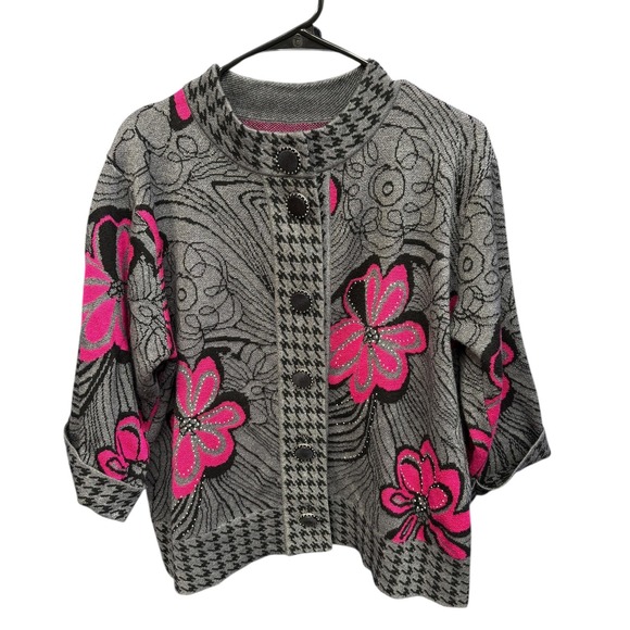 Floral Wool Blend Sweater Jacket Cardigan Womens Large Gray Pink Button Front - Picture 1 of 9